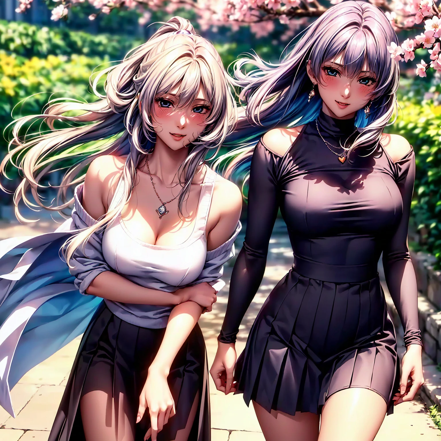 (((highest quality,masterpiece,very high resolution,Super high quality,perfect pixel))), (((Exquisite beauty:1 person,perfect body,Beautiful face is detailed, blush、cute face、beautiful outline、smile, open your mouth))),((long hair, neat bangs, beautiful hair texture)),((Beautiful slit eyes,beautiful eyes,strong-willed eyes, beautiful eyelashes, realistic eyes)), ((beautiful breasts,beautiful feet)),((sweater:color and pattern,pleated skirt:pattern and color, 1 diamond necklace,Clothing that exposes the shoulders,Clothing that exposes the thighs,Excellent fashion sense)),(garden,Cherry blossom tree-lined path, Cherry tree, Cherry blossoms fall,the wind is blowing),(standing posture,dynamic angle,model pose, model shoot), (realistic skin texture,realistic texture:,RAW photo,Anime CG style, Bright colors), beautiful anime woman, beautiful art style, anime character、Overall image、detailed images、accurate anatomy、Image without defects、natural soft light、beautiful images、非常にdetailed images、(Best Shot 1.5)
