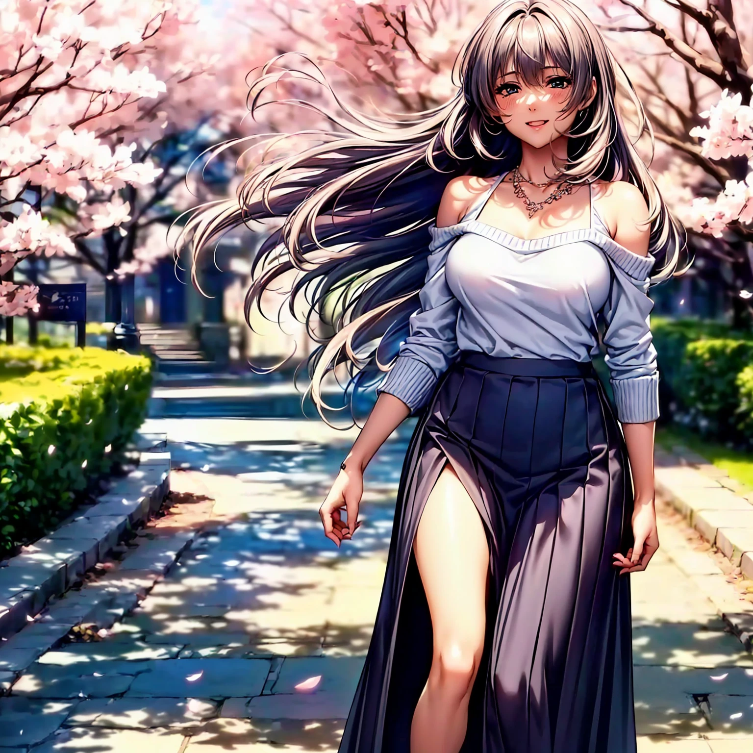 (((highest quality,masterpiece,very high resolution,Super high quality,perfect pixel))), (((Exquisite beauty:1 person,perfect body,Beautiful face is detailed, blush、cute face、beautiful outline、smile, open your mouth))),((long hair, neat bangs, beautiful hair texture)),((Beautiful slit eyes,beautiful eyes,strong-willed eyes, beautiful eyelashes, realistic eyes)), ((beautiful breasts,beautiful feet)),((sweater:color and pattern,pleated skirt:pattern and color, 1 diamond necklace,Clothing that exposes the shoulders,Clothing that exposes the thighs,Excellent fashion sense)),(garden,Cherry blossom tree-lined path, Cherry tree, Cherry blossoms fall,the wind is blowing),(standing posture,dynamic angle,model pose, model shoot), (realistic skin texture,realistic texture:,RAW photo,Anime CG style, Bright colors), beautiful anime woman, beautiful art style, anime character、Overall image、detailed images、accurate anatomy、Image without defects、natural soft light、beautiful images、非常にdetailed images、(Best Shot 1.5)
