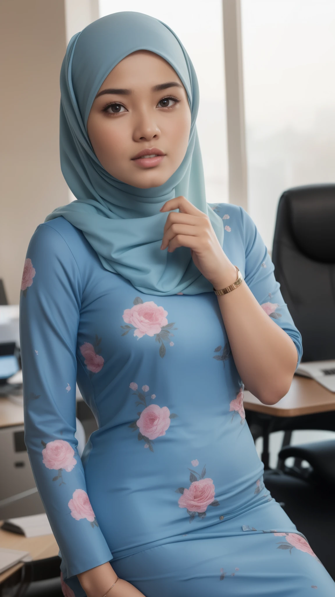 a 20 years old malay women in hijab wear blue floral pattern baju kurung seat in the office taking selfie, night, serious face, nighttime, in the office movie style, hyper - realistic photography, dramatic effect, people working in background, pastel color grading, full body, 8k, close - up shot, extreme close - up photo