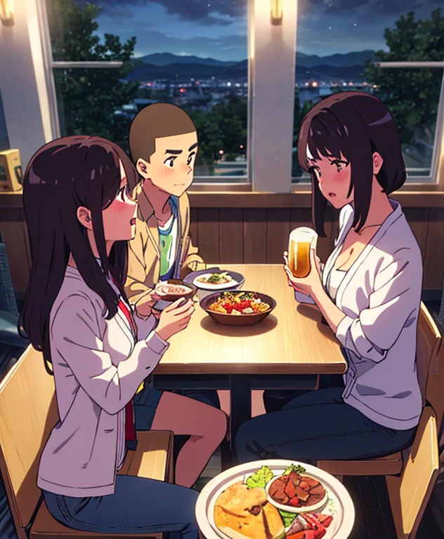 shinkai makoto, kimi no na wa., 1boy, buzzcut, office attire, boy's arms placed over girl's shoulder, drunk, boy sit beside girl, 1girl, bangs, black hair, brown eyes, open mouth, blush, twisted half up, red ribbon, long hair, long sleeve light yellow cardigan, open shirt, white shirt, cleavage, breast, medium breast, blue pants, drinking party,nomikai, table, food drinks, beer, indoors, masterpiece, perfect anatomy, cowboyshot, 3boys, 3girls, cinematic angle, night, triple date