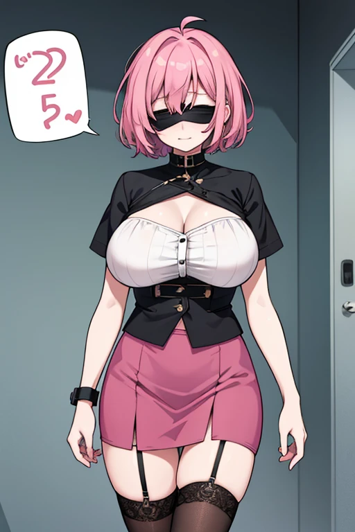 Female, 42 years old、mature woman、shortcut、pink hair color、big breasts、chest、Tight Skirt、garter belt、Black clothes、blindfold