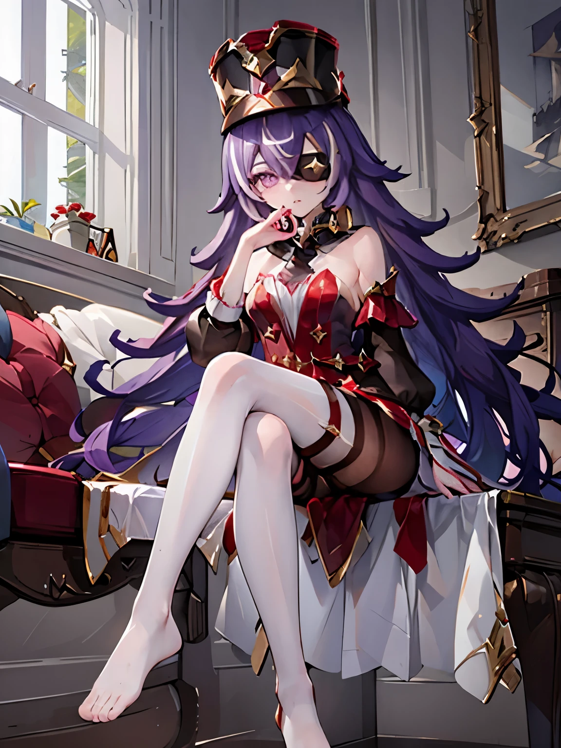 ((masterpiece,best quality)), 1girl, chevreuse, shako cap, eyepatch, detached sleeves, black pantyhose, no shoes, sitting, crossed legs, toes,