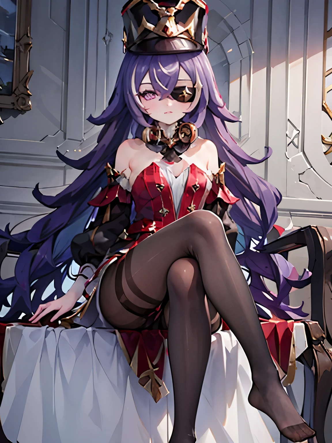 ((masterpiece,best quality)), 1girl, chevreuse, shako cap, eyepatch, detached sleeves, black pantyhose, no shoes, sitting, crossed legs, toes,