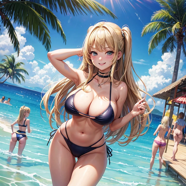 highest quality, masterpiece, blonde、gal、female brat、big breasts、tits、swimsuit、exposed、Slut、smug face、sandy beach、crowd