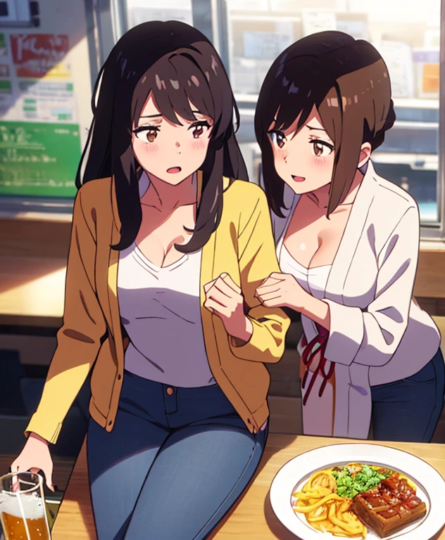 shinkai makoto, kimi no na wa., 1boy, buzzcut, office attire, boy's arms placed over girl's shoulder, drunk, boy sit beside girl, 1girl, bangs, black hair, brown eyes, open mouth, blush, twisted half up, red ribbon, long hair, long sleeve light yellow cardigan, open shirt, white shirt, cleavage, breast, medium breast, blue pants, drinking party,nomikai, table, food drinks, beer, indoors, masterpiece, perfect anatomy, cowboyshot,