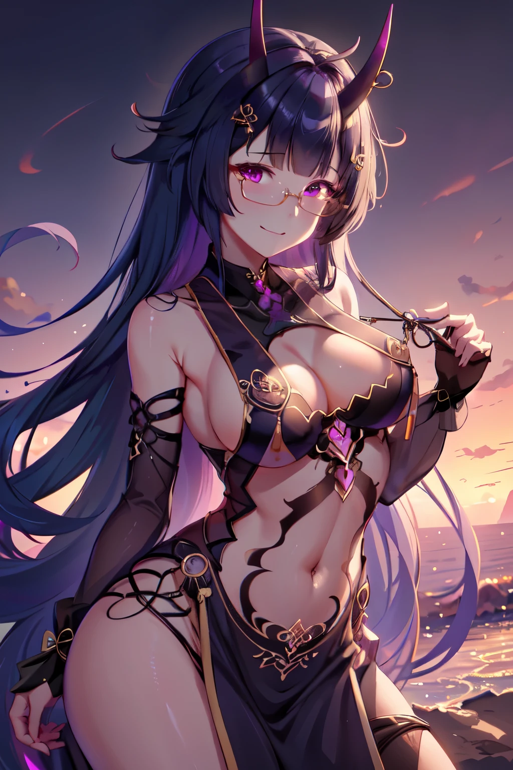 (highly detailed:1.3), 
1girl, solo, light smile, horns, glasses, (o-ring bikini:1.3), 
wrench_aqueousmei, 
Ultra-detail, (highres:1.1), best quality, (masterpiece:1.3), cinematic lighting,