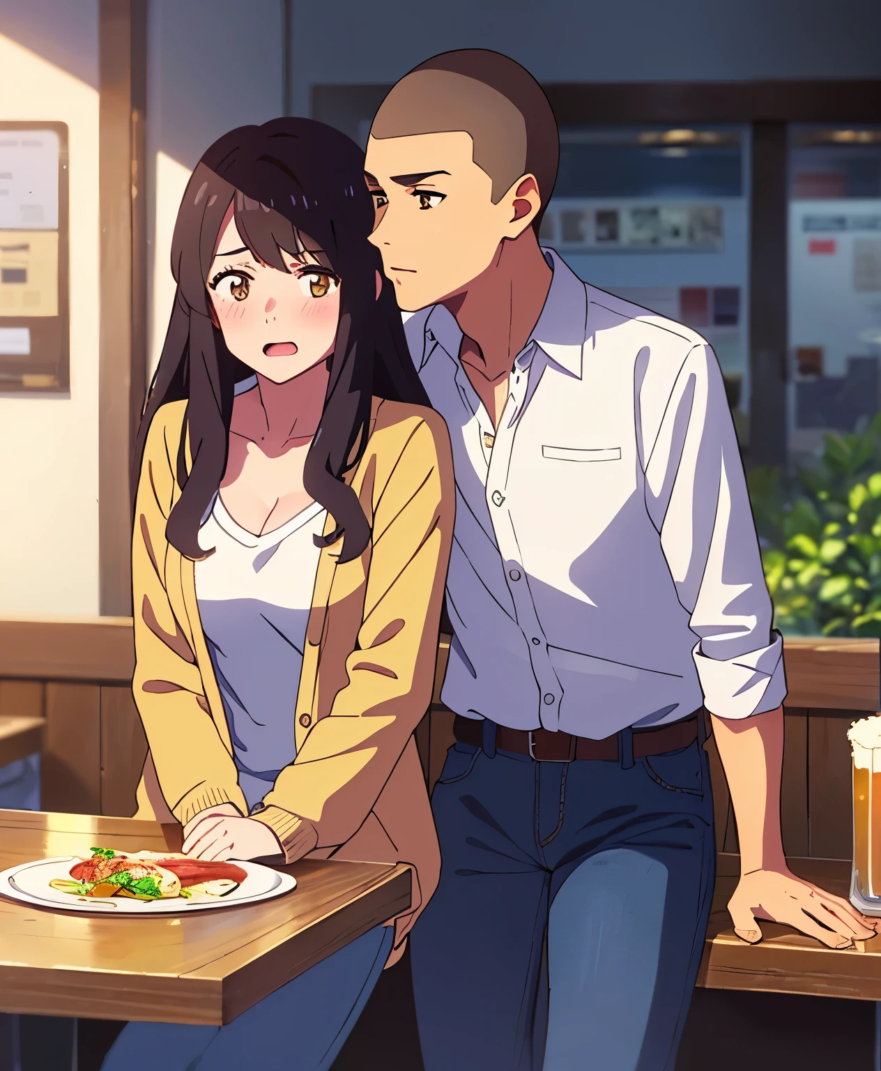 shinkai makoto, kimi no na wa., 1boy, buzzcut, office attire, boy's arms placed over girl's shoulder, drunk, boy sit beside girl, 1girl, bangs, black hair, brown eyes, open mouth, blush, twisted half up, red ribbon, long hair, long sleeve light yellow cardigan, open shirt, white shirt, cleavage, breast, medium breast, blue pants, drinking party,nomikai, table, food drinks, beer, indoors, masterpiece, perfect anatomy, cowboyshot,