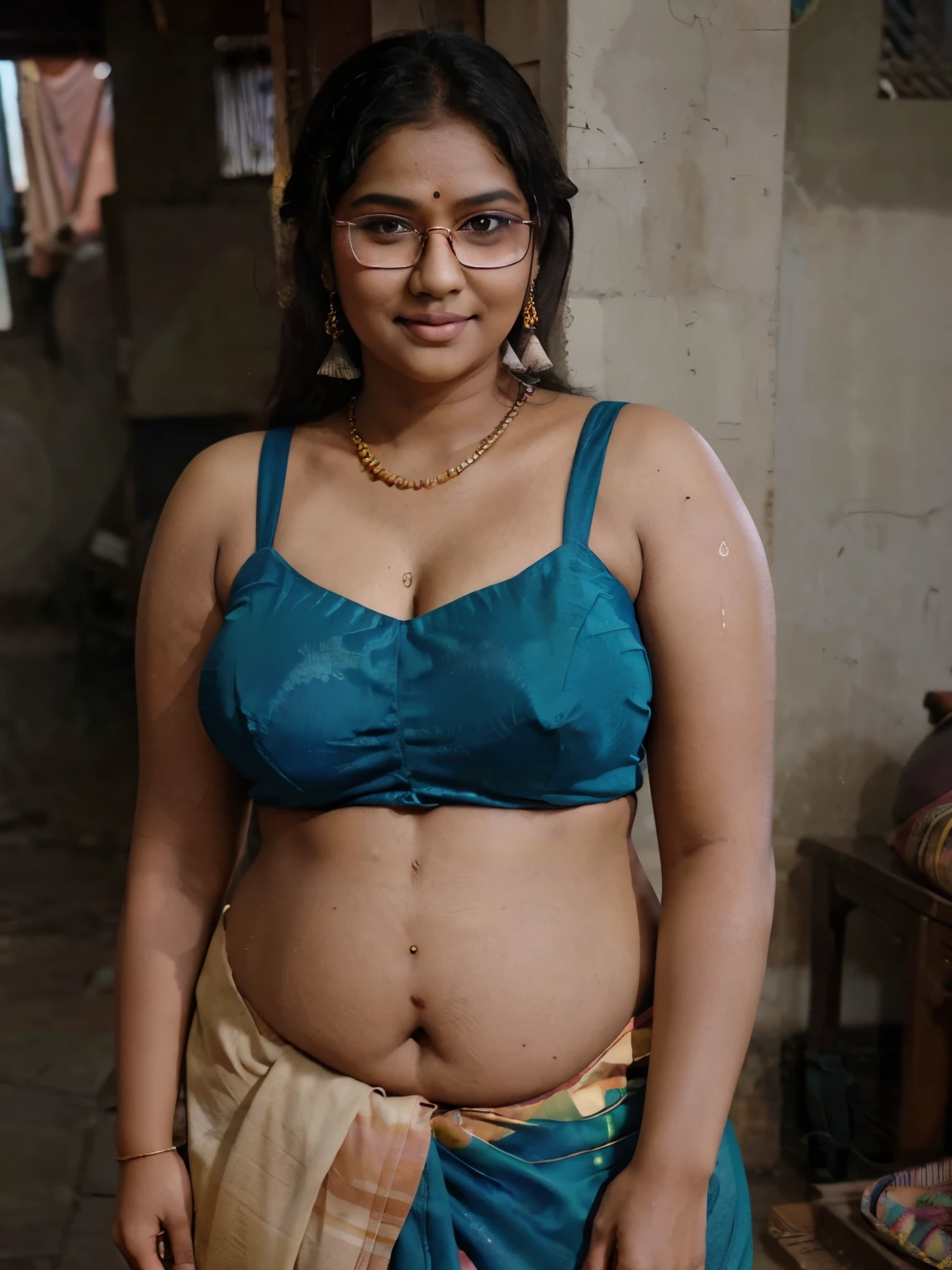 Indian woman wearing colorful (saree), (young woman), 20 years old, (chubby cheeks:1.4), (curvy figure:1.3), (eyeglasses), (bindi), An Indian beauty, charismatic, light Indian- skin, view the viewer, naughty smile, rural Indian village.