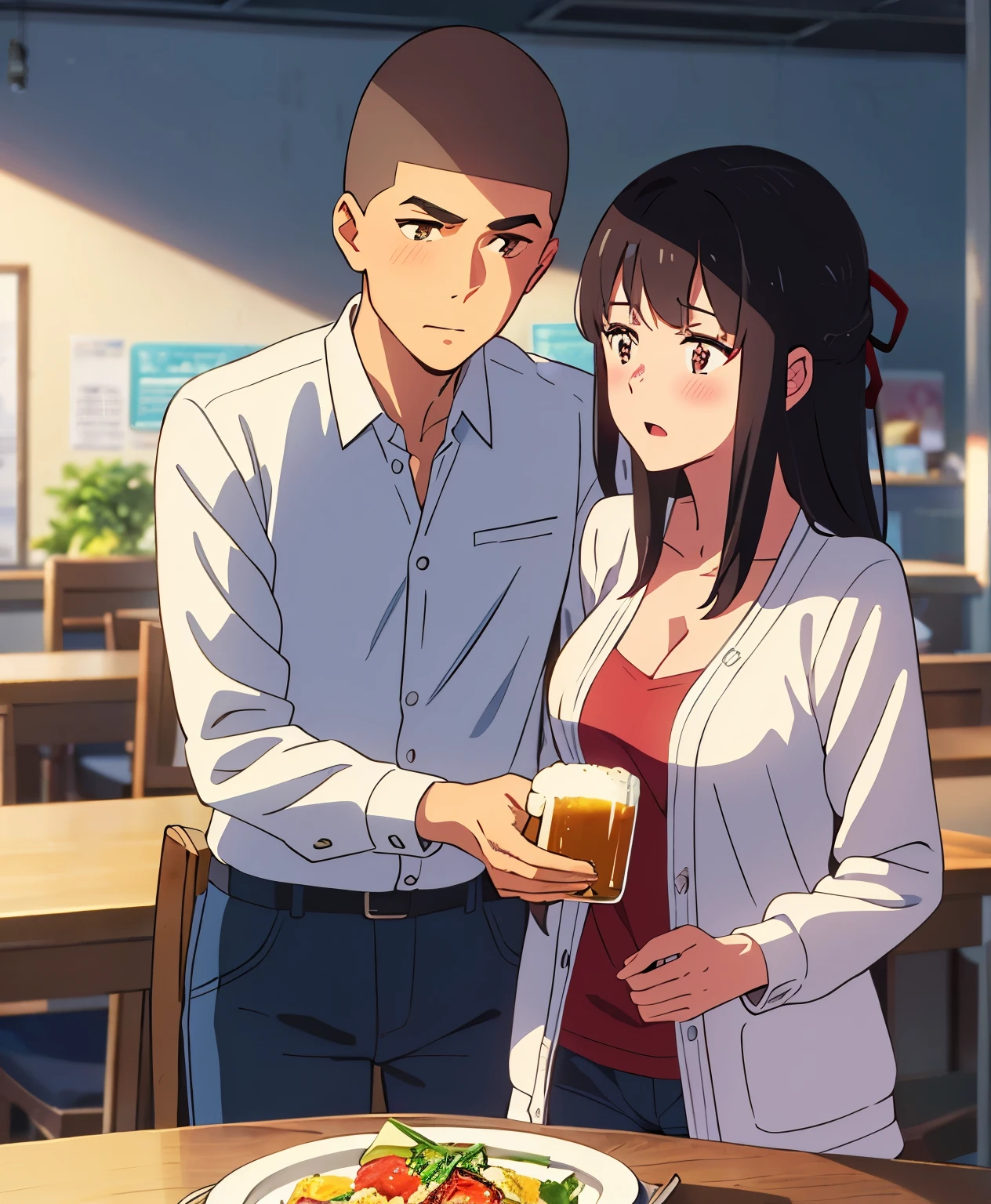 shinkai makoto, kimi no na wa., 1boy, buzzcut, office attire, boy's arms placed over girl's shoulder, drunk, boy sit beside girl, 1girl, bangs, black hair, brown eyes, open mouth, blush, twisted half up, red ribbon, long hair, long sleeve light yellow cardigan, open shirt, white shirt, cleavage, breast, medium breast, blue pants, drinking party,nomikai, table, food drinks, beer, indoors, masterpiece, perfect anatomy, cowboyshot, 