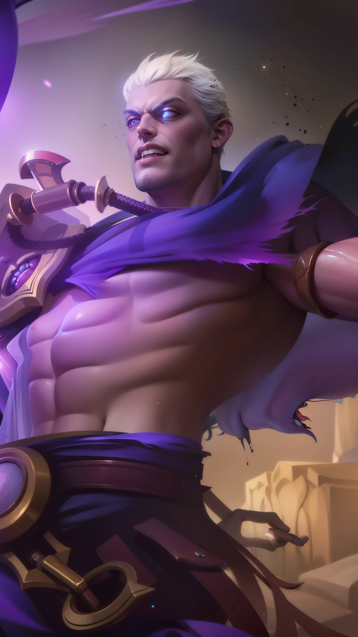 masculine male, masterpiece, ((perfect eyes)) best quality, (semirealism:1.9), beautiful lighting, (extremely detailed CG unity 4k fhd wallpaper), High Detail, Sharp focus, dramatic outdoors,40 years old, brown short hair, blue eyes, smile, Boy with two big horns, big earrings on ears, elf ear, red eyes, Thick eyebrows, evil smile, grinning,red body, red face, Burning skin, yellow diamonds glistening on chest, burning red skin,golden robe behind, big white belt , 8k , realistic, scary.