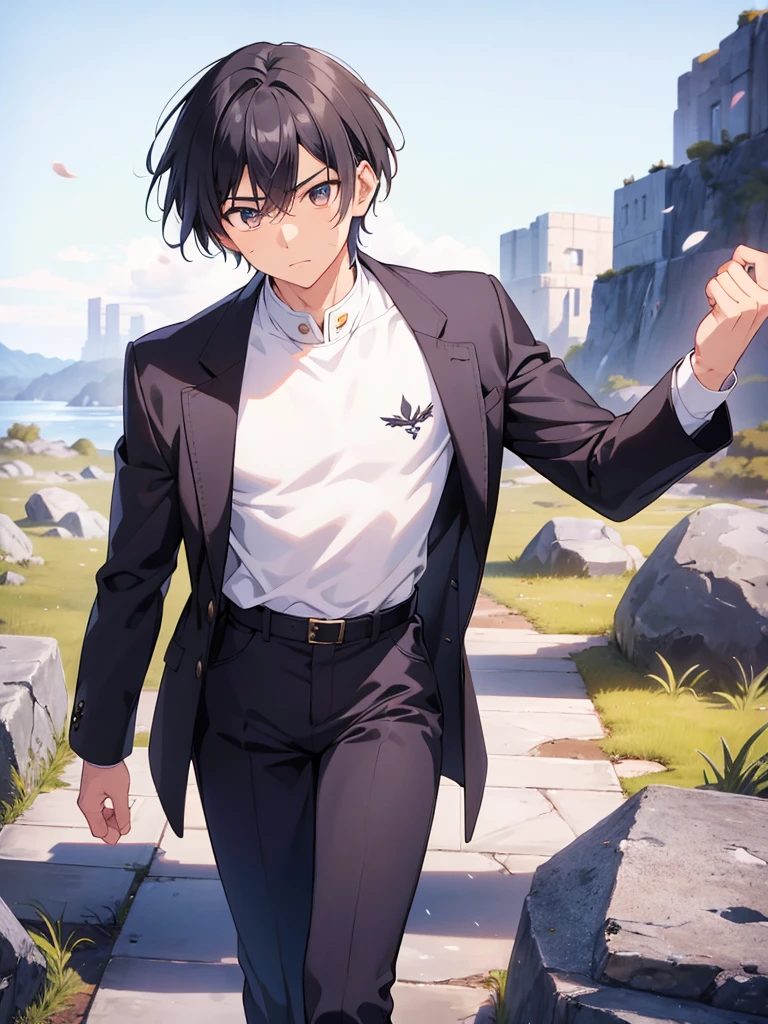 stands at an average height with a lean, athletic build that reflects his disciplined training. His raven-black hair is styled in a slightly tousled manner, adding a touch of casual charm to his appearance. Striking amber eyes give him an intense gaze, revealing a mix of determination and curiosity.

A prominent scar runs across his left cheek, a testament to past challenges and battles that have shaped his journey. Kenta's skin carries a sun-kissed tan, hinting at countless hours spent outdoors honing his skills.

His attire consists of a well-worn black jacket adorned with subtle embroidery, a symbol of his resilience and experiences. Underneath, he wears a simple white shirt paired with dark trousers and sturdy boots suitable for traversing diverse landscapes.

Kenta's physical features convey a sense of both strength and vulnerability, with the scar serving as a visual reminder of the battles he's faced and the growth he continues to undergo.