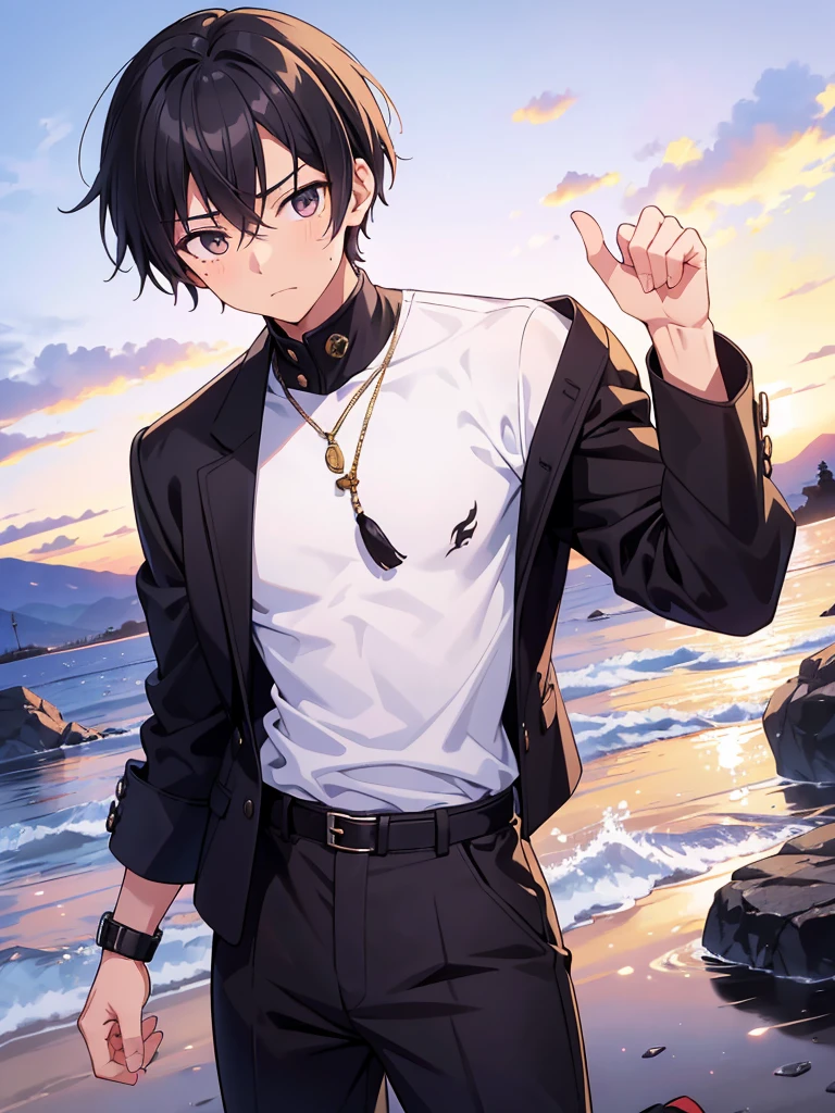 stands at an average height with a lean, athletic build that reflects his disciplined training. His raven-black hair is styled in a slightly tousled manner, adding a touch of casual charm to his appearance. Striking amber eyes give him an intense gaze, revealing a mix of determination and curiosity.
A prominent scar runs across his left cheek, a testament to past challenges and battles that have shaped his journey. Kenta's skin carries a sun-kissed tan, hinting at countless hours spent outdoors honing his skills.
His attire consists of a well-worn black jacket adorned with subtle embroidery, a symbol of his resilience and experiences. Underneath, he wears a simple white shirt paired with dark trousers and sturdy boots suitable for traversing diverse landscapes.
Kenta's physical features convey a sense of both strength and vulnerability, with the scar serving as a visual reminder of the battles he's faced and the growth he continues to undergo.