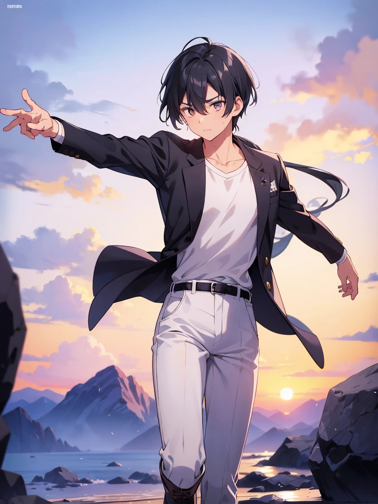 stands at an average height with a lean, athletic build that reflects his disciplined training. His raven-black hair is styled in a slightly tousled manner, adding a touch of casual charm to his appearance. Striking amber eyes give him an intense gaze, revealing a mix of determination and curiosity.
A prominent scar runs across his left cheek, a testament to past challenges and battles that have shaped his journey. Kenta's skin carries a sun-kissed tan, hinting at countless hours spent outdoors honing his skills.
His attire consists of a well-worn black jacket adorned with subtle embroidery, a symbol of his resilience and experiences. Underneath, he wears a simple white shirt paired with dark trousers and sturdy boots suitable for traversing diverse landscapes.
Kenta's physical features convey a sense of both strength and vulnerability, with the scar serving as a visual reminder of the battles he's faced and the growth he continues to undergo.
