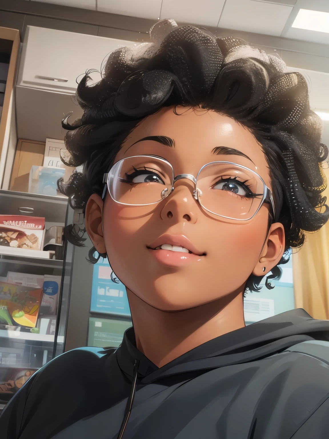 1girl, anime, anime girl, anime style, dark skin, curly hair, cute, cutie, glasses, cute face, beautiful, good lighting, high definition, perfect face, smile