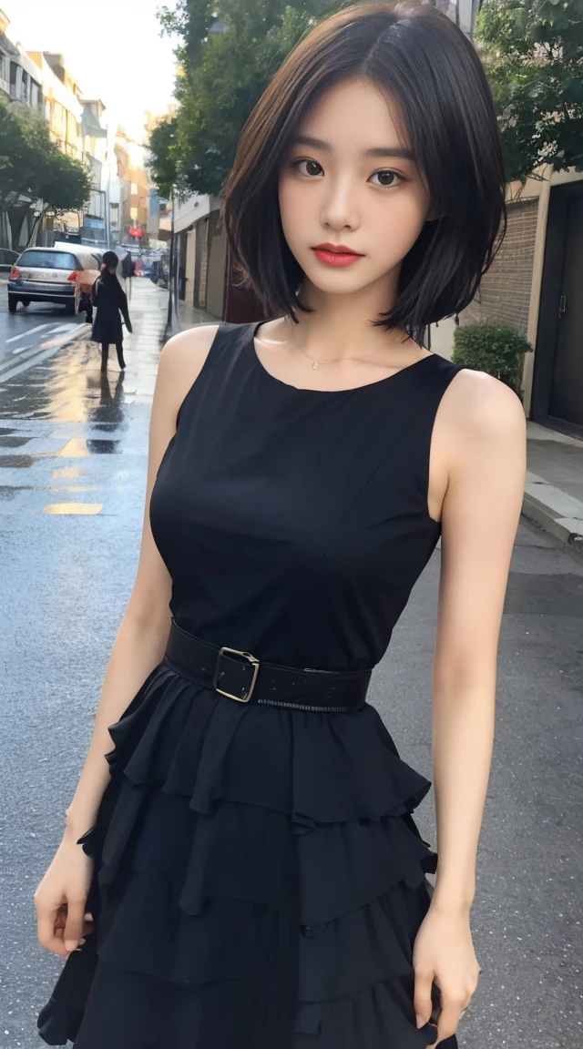 black dressで写真を撮るアラペイのアジア人女性, beautiful asian girl, Shisen Wu, asian girl, korean girl, Girl Cute Thin Face, Chen Xintong, gorgeous korean young woman, beautiful korean woman, short hair, chinese girl, gorgeous chinese model, Yoshitomo Nara, sakimichan, ((highest quality, 8K, masterpiece: 1.3)), concentrated: 1.2, perfect body beauty: 1.4, buttocks: 1.2, ((layered haircut, beautiful breasts: 1.2)), ( wet clothes:1.1) , (rain, street:1.3), bandeau dress: 1.1, Highly detailed face and skin texture, delicate eyes, double eyelid, whitened skin, long hair, (shut up: 1.3), rain上がりの道, rainbow in the distance, (black dress: 1.2)