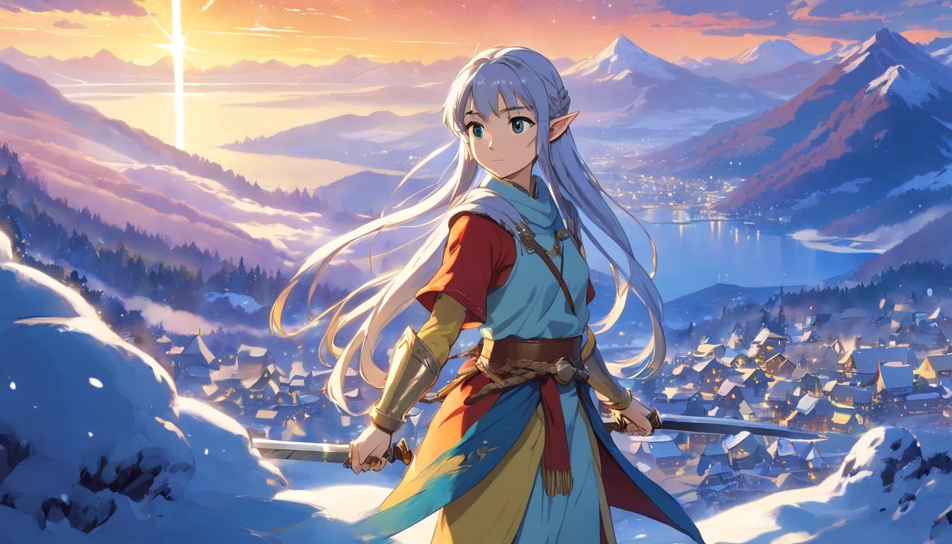 ((main subject)) An elf with long silver hair tied in a braid wears golden armor and wields a flaming blade sword (the sword emits sparks)). The elf stands on top of a snowy mountain and looks down. His gaze rests on the valley below; the valley at the foot of the mountain is far away in a light mist; A lake and the distant lights of a village can be glimpsed. The sky is starry, you can see many galaxies. The light of the stars reflects off the snow.
