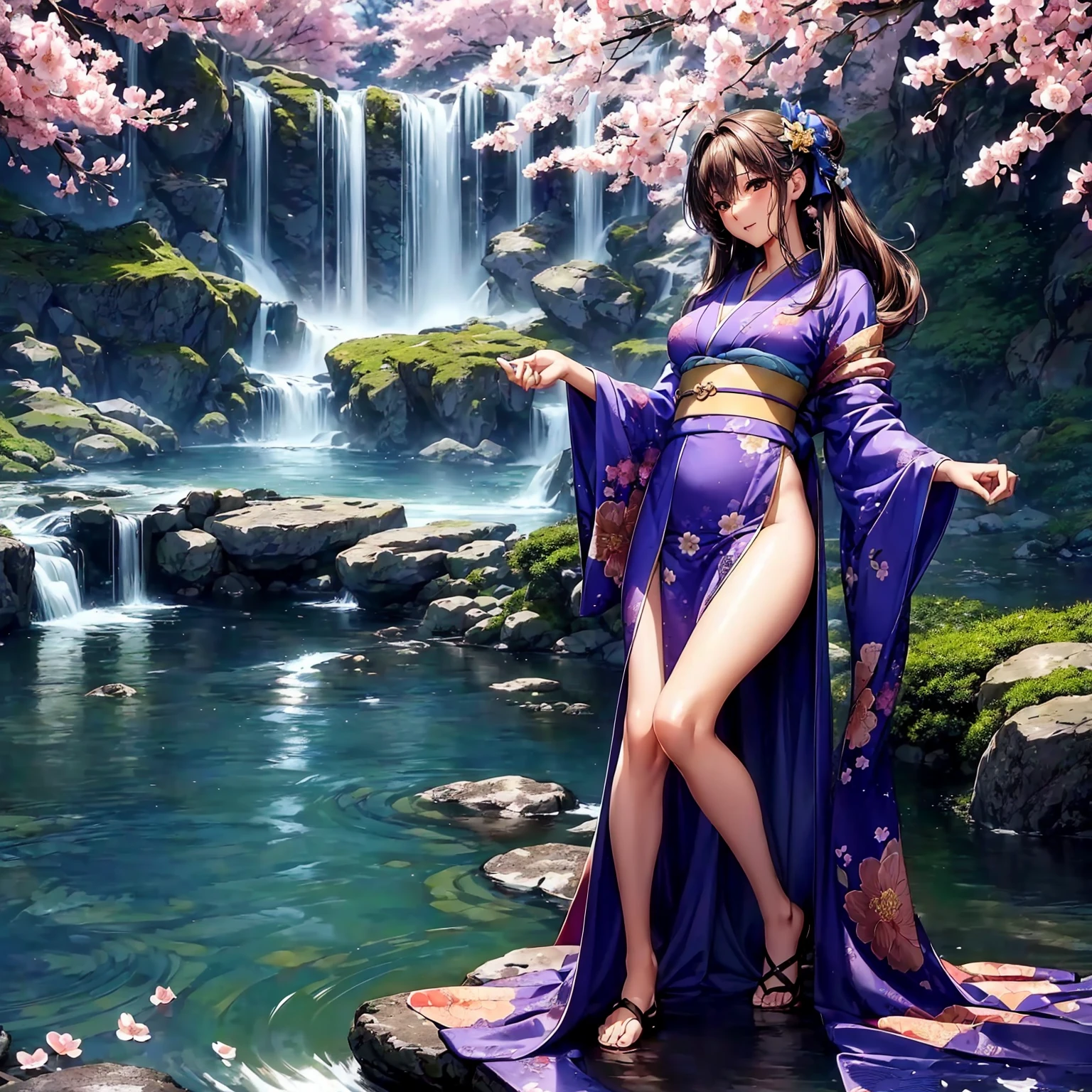 (((highest quality、masterpiece、very high resolution))),(A woman of exquisite beauty:1 person,beautiful figure,beautiful face,beautiful skin,beautiful ,Well-formed eyes and nose)、(Beautiful breasts slender body shape:F cup,best hair texture,Best skin texture)、((Beautiful Japan kimono:floral and colorful)),(Fantastic waterside,There is a waterfall,Night cherry blossoms and lanterns,mysterious night sky、beautiful scenery),(water play,beautiful pose,model shoot,Hair flutters under the influence of the wind),realistic portrait,bijinga,(highly detailed images、accurate image、Perfect Image 1.5)、beautiful anime woman, beautiful art style, anime character、Overall image、accurate anatomy、Image without defects、natural soft light、beautiful images、(best shot,RAW photo)