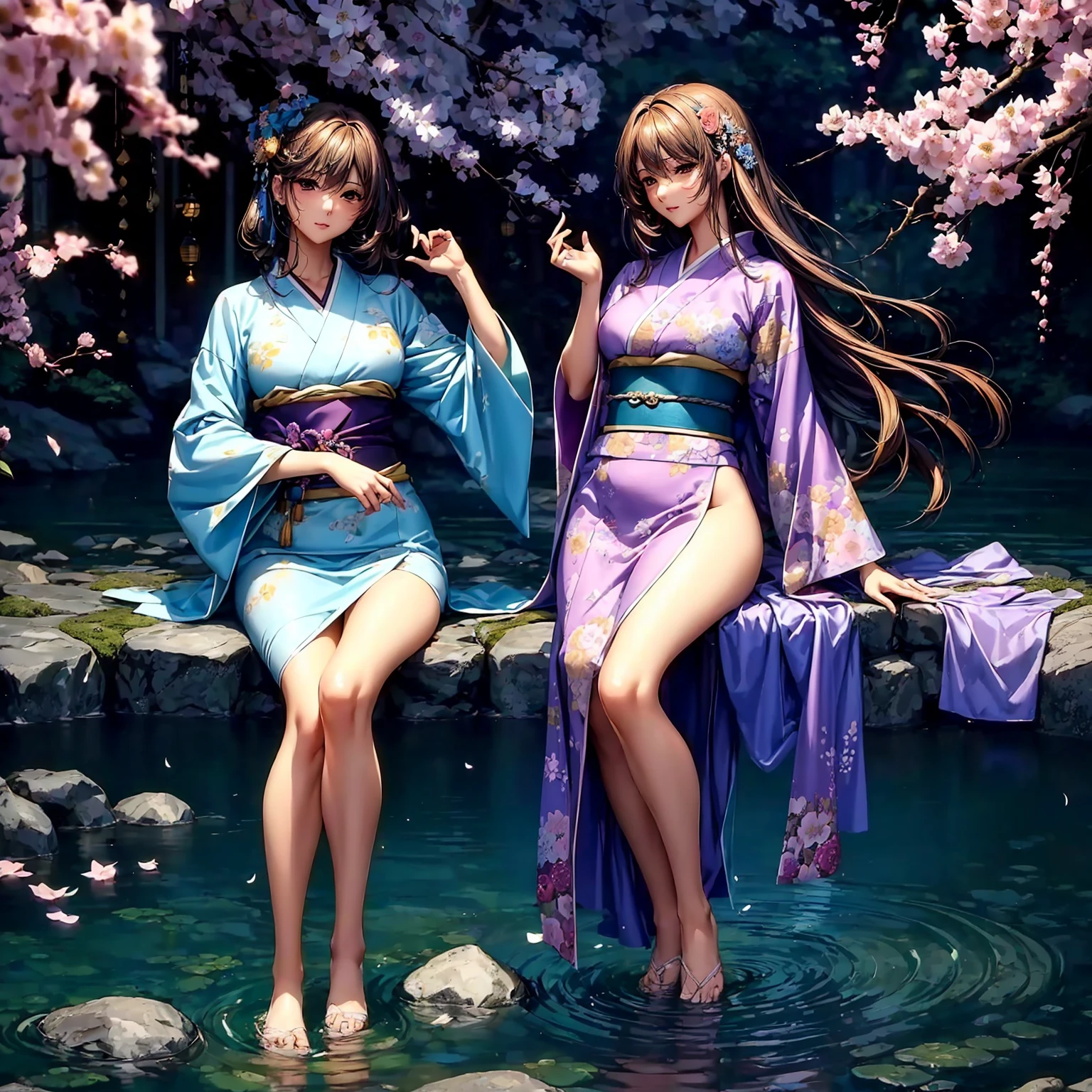 (((highest quality、masterpiece、very high resolution))),(A woman of exquisite beauty:1 person,beautiful figure,beautiful face,beautiful skin,beautiful breasts,Well-formed eyes and nose)、(Beautiful breasts with a slender body shape:F cup,best hair texture,Best skin texture)、((Beautiful Japan kimono:floral and colorful)),(Fantastic waterside,There is a waterfall,Night cherry blossoms and lanterns,mysterious night sky、beautiful scenery),(water play,beautiful pose,model shoot,Hair flutters under the influence of the wind),realistic portrait,bijinga,(highly detailed images、accurate image、Perfect Image 1.5)、beautiful anime woman, beautiful art style, anime character、Overall image、accurate anatomy、Image without defects、natural soft light、beautiful images、(best shot,RAW photo)