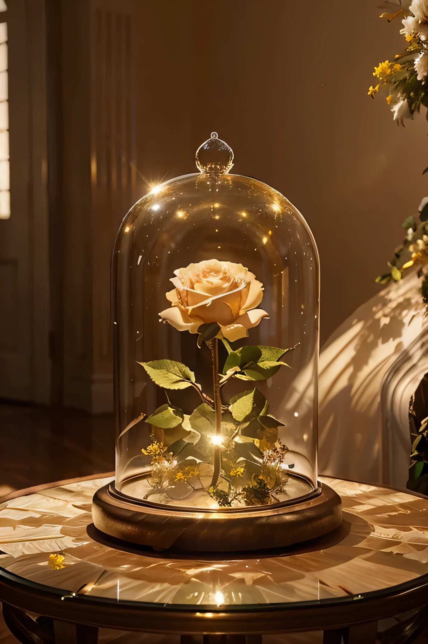 there is a rose in a glass dome on a table, natural point rose', melanchonic rose soft light, glass domes, glass dome, gold flowers, beautiful aesthetic, really realistic, elegant and graceful, staggering in its beauty, ethereal gold and silver tones, crown of mechanical peach roses, very realistic, graceful and elegant, made of dried flowers, rosalia