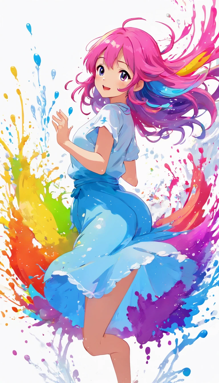 (Masterpiece, Best Quality, High Resolution), White Background, ((Paint Splash, Color Splash, Splash of Ink, Color Splash)), Sweet Chinese Girl, Rainbow Hair,long hair ,Pink Lips, Front, full Body, big breast , angel wings at the back,water splash, dancing