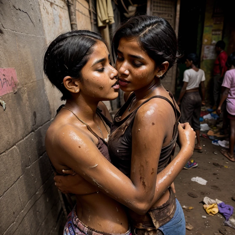 Desi age girl kissing her friend in dharavi slum. Covered in poop. Short hair. Dirty butt. Lips touching
