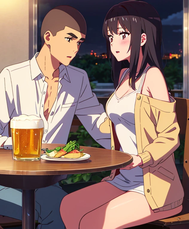 shinkai makoto, kimi no na wa., 1boy, buzzcut, office attire, boy's arms placed over girl's shoulder, drunk, boy sit beside girl, boy caressing girl's body, 1girl, bangs, black hair, brown eyes, open mouth, blush, twisted half up, red ribbon, long hair, long sleeve light yellow cardigan, open shirt, white shirt, cleavage, breast, medium breast, blue pants, drinking party,nomikai, table, food drinks, beer, indoors, night, masterpiece, perfect anatomy, cowboyshot,