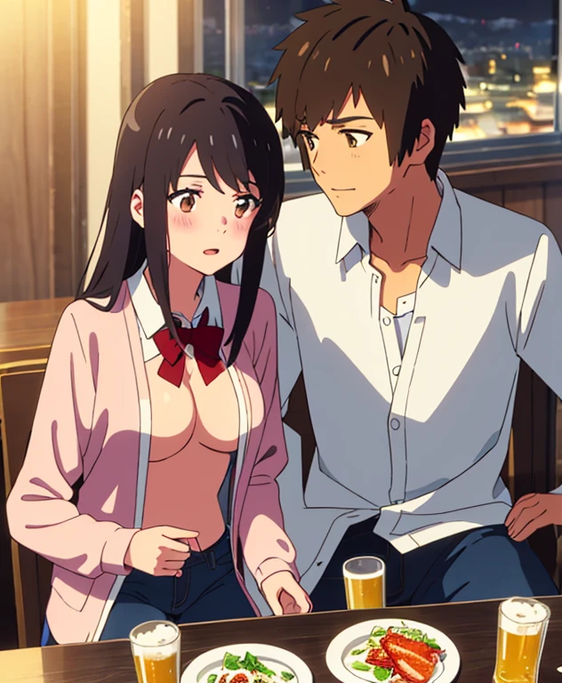 shinkai makoto, kimi no na wa., 1boy, buzzcut, office attire, boy's arms placed over girl's shoulder, drunk, boy sit beside girl, boy caressing girl's body, 1girl, bangs, black hair, brown eyes, open mouth, blush, twisted half up, red ribbon, long hair, long sleeve light yellow cardigan, open shirt, white shirt, cleavage, breast, medium breast, blue pants, drinking party,nomikai, table, food drinks, beer, indoors, night, masterpiece, perfect anatomy, cowboyshot,