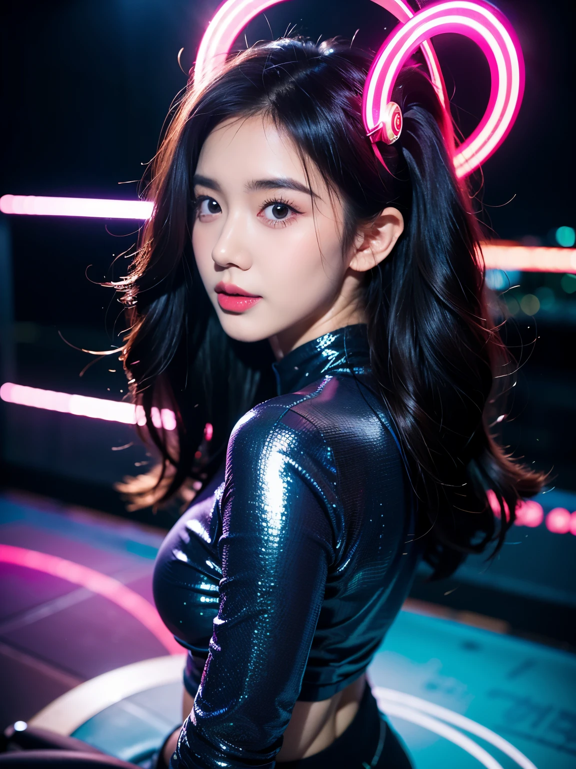 (best quality,4k,highres:1.2),ultra-detailed,(realistic:1.37),Beautiful Thai college student,Long pink hair, hip-hop cloth, miniskirt jeans,night,neon,flying saucer,abduction,galaxy ship background,neon lights,black clothes with led, futuristic cityscape,reflection on wet pavement,dynamic motion,clouds swirling,vibrant colors,glowing moon,sparkling stars,shadows playing with light, neon costume,(all body),happy face,