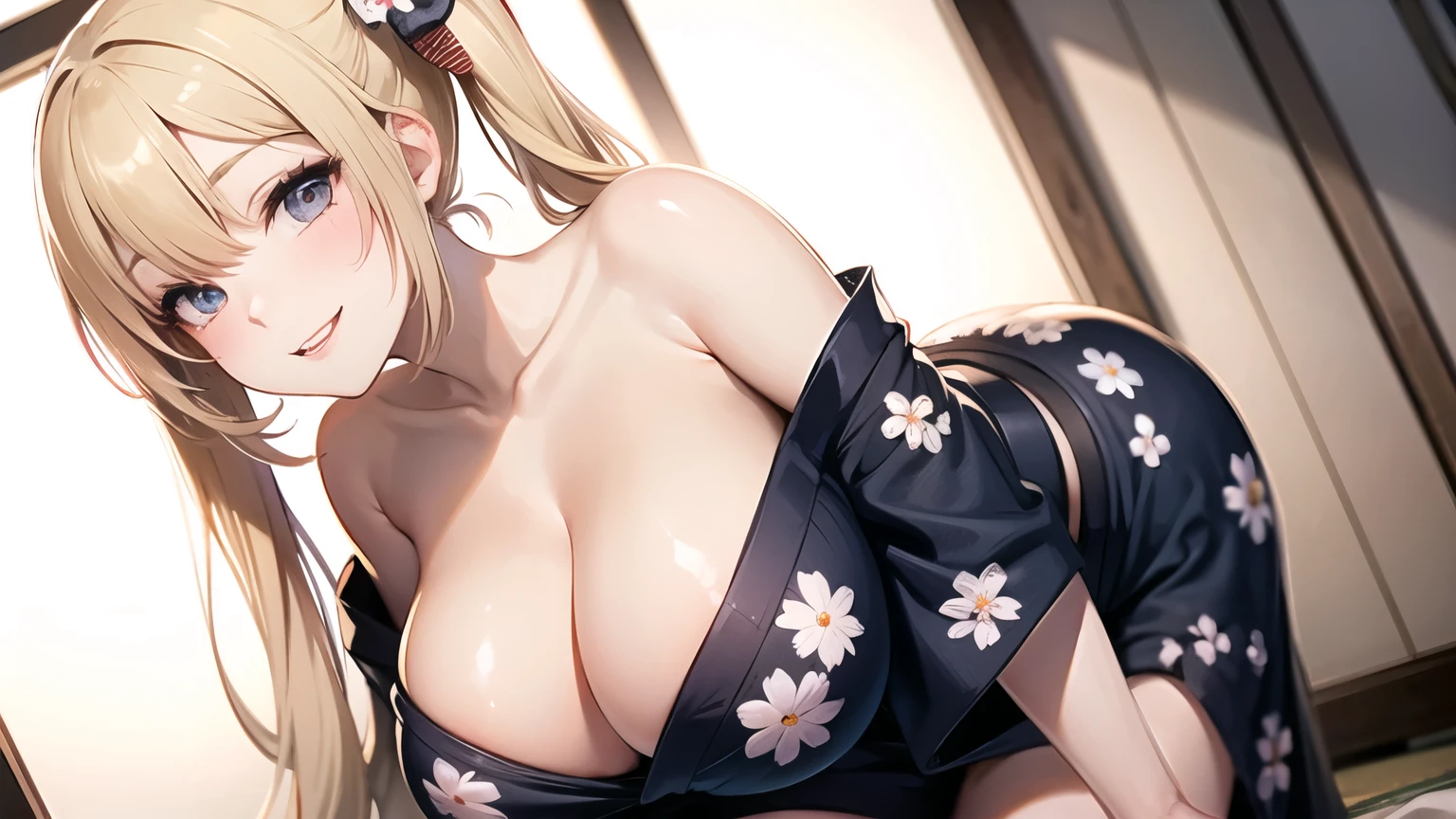 ((huge breasts)), (((masterpiece, best quality))), cute girl, ((extremely detailed girl)), yukata, bare shoulders, soft and smooth skin, smiling, twin tail blonde