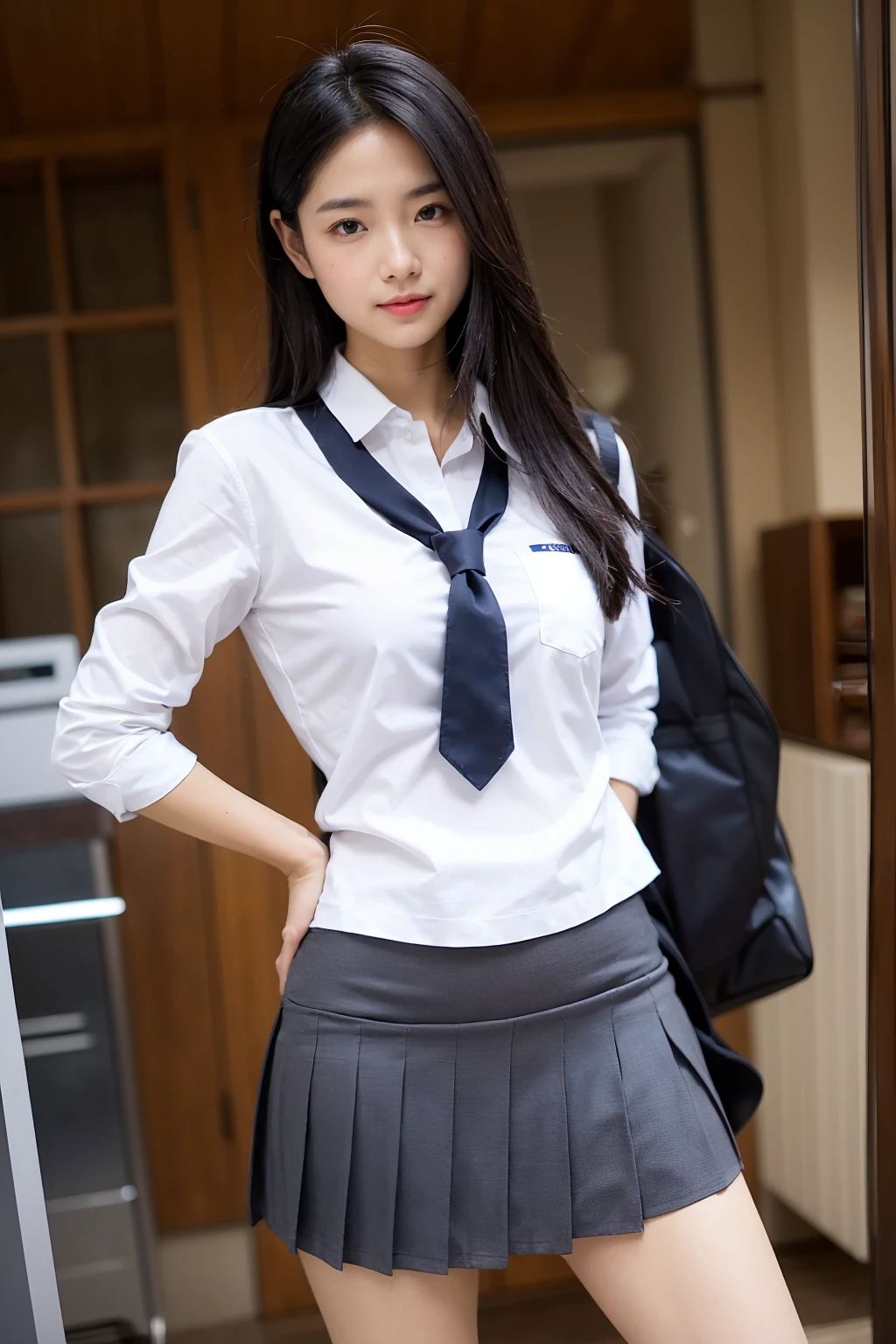 school uniform, standing, micro miniskirt