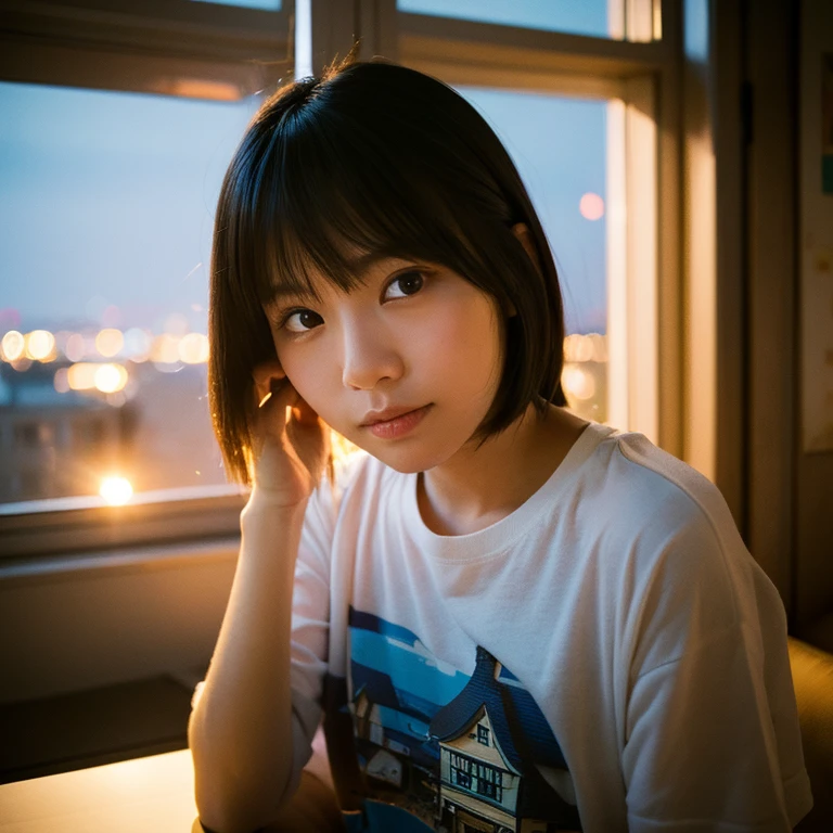 A young Japanese woman poses like a model by the window. Focal length 100mmf/2.8, early winter night, living room on the upper floor of a tower apartment, plain T-shirt and shorts, close-up of eyes, film quality.