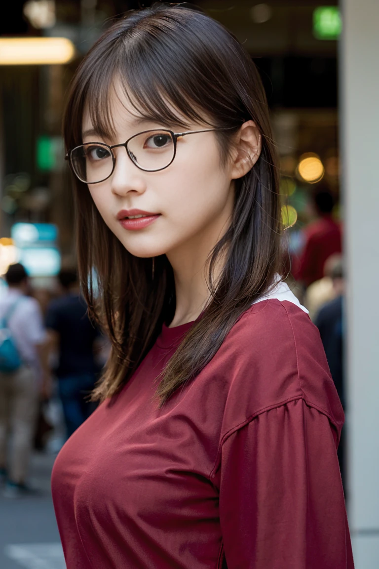 (8K、Raw photo、highest quality、masterpiece:1.2)、(realistic、Photoreal:1.37)、super detailed、Super high resolution、1 girl、see the beholder、beautiful and detailed face、laughter、narrow、(slim waist) :1.3)、((Red shirt clothes))、Beautiful and smooth skin、skin texture、floating hair、((tied one&#39;s hair together))、good shape big breasts、professional lighting、In front of the station at noon、((Black square glasses))、human body as a whole、brown hair、((On the phone))、