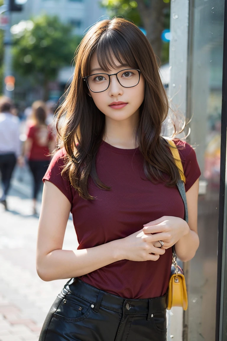 (8K、Raw photo、highest quality、masterpiece:1.2)、(realistic、Photoreal:1.37)、super detailed、Super high resolution、1 girl、see the beholder、beautiful and detailed face、laughter、narrow、(slim waist) :1.3)、((Red shirt clothes))、Beautiful and smooth skin、skin texture、floating hair、((tied one&#39;s hair together))、good shape big breasts、professional lighting、In front of the station at noon、((Black square glasses))、human body as a whole、brown hair、((On the phone))、