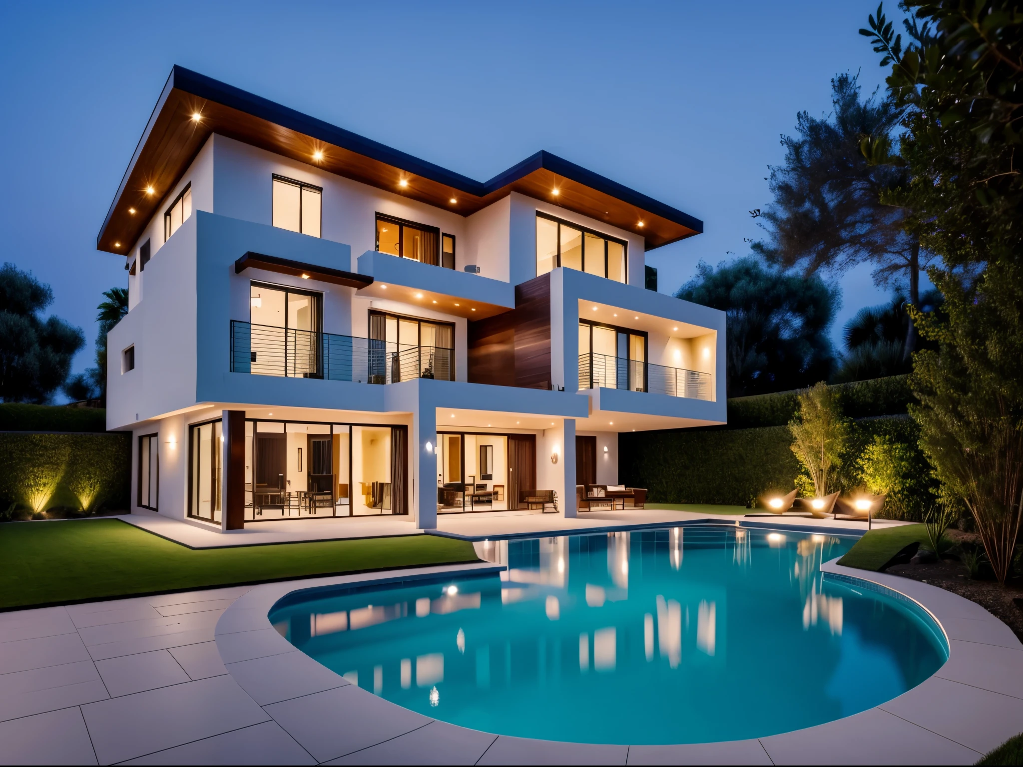 Villa, modern, diverse shapes, bird-in-flight perspective, evening