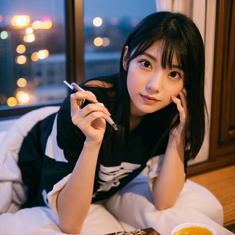 A young Japanese woman poses like a model by the window. Focal length 100mmf/2.8, early winter night, living room on the upper floor of a tower apartment, plain T-shirt and shorts, close-up of eyes, film quality.