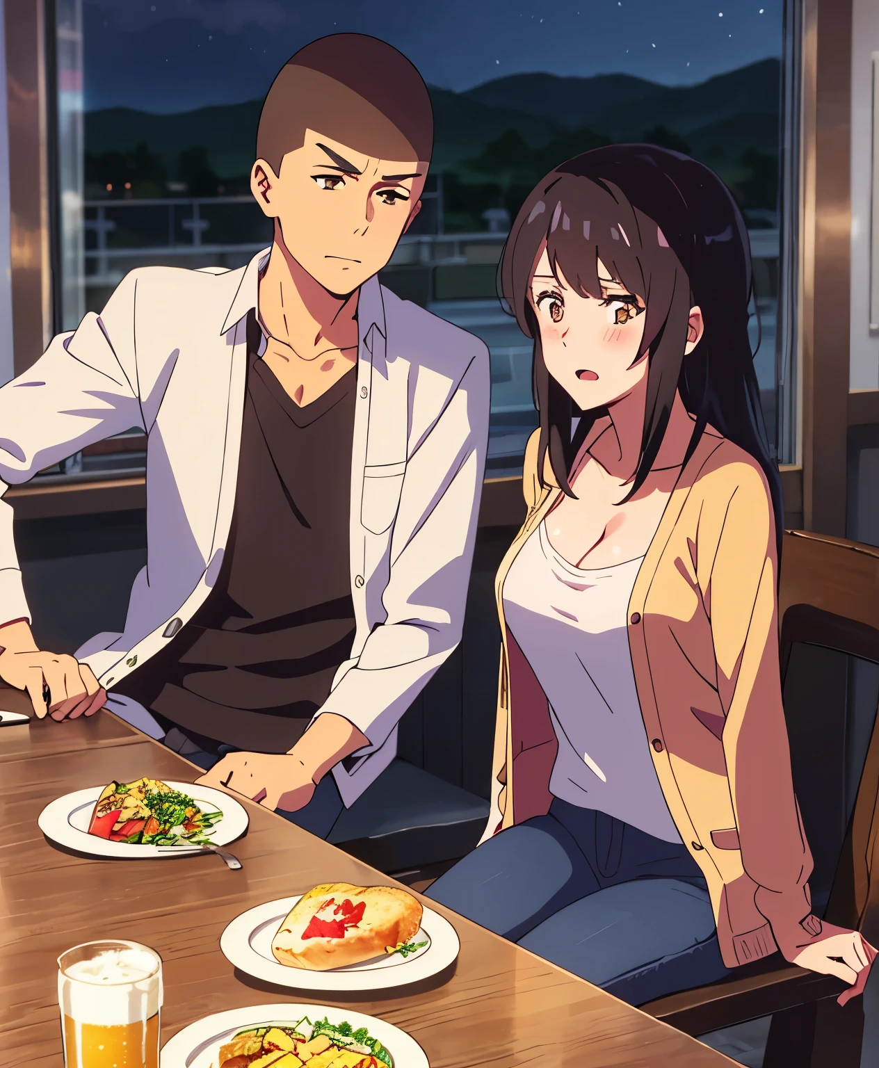 shinkai makoto, kimi no na wa., 1boy, buzzcut, office attire, boy's arms placed over girl's shoulder, drunk, boy sit beside girl, boy caressing girl's body, 1girl, bangs, black hair, brown eyes, open mouth, blush, twisted half up, red ribbon, long hair, long sleeve light yellow cardigan, open shirt, white shirt, cleavage, breast, medium breast, blue pants, drinking party,nomikai, table, food drinks, beer, indoors, night, masterpiece, perfect anatomy, cowboyshot,