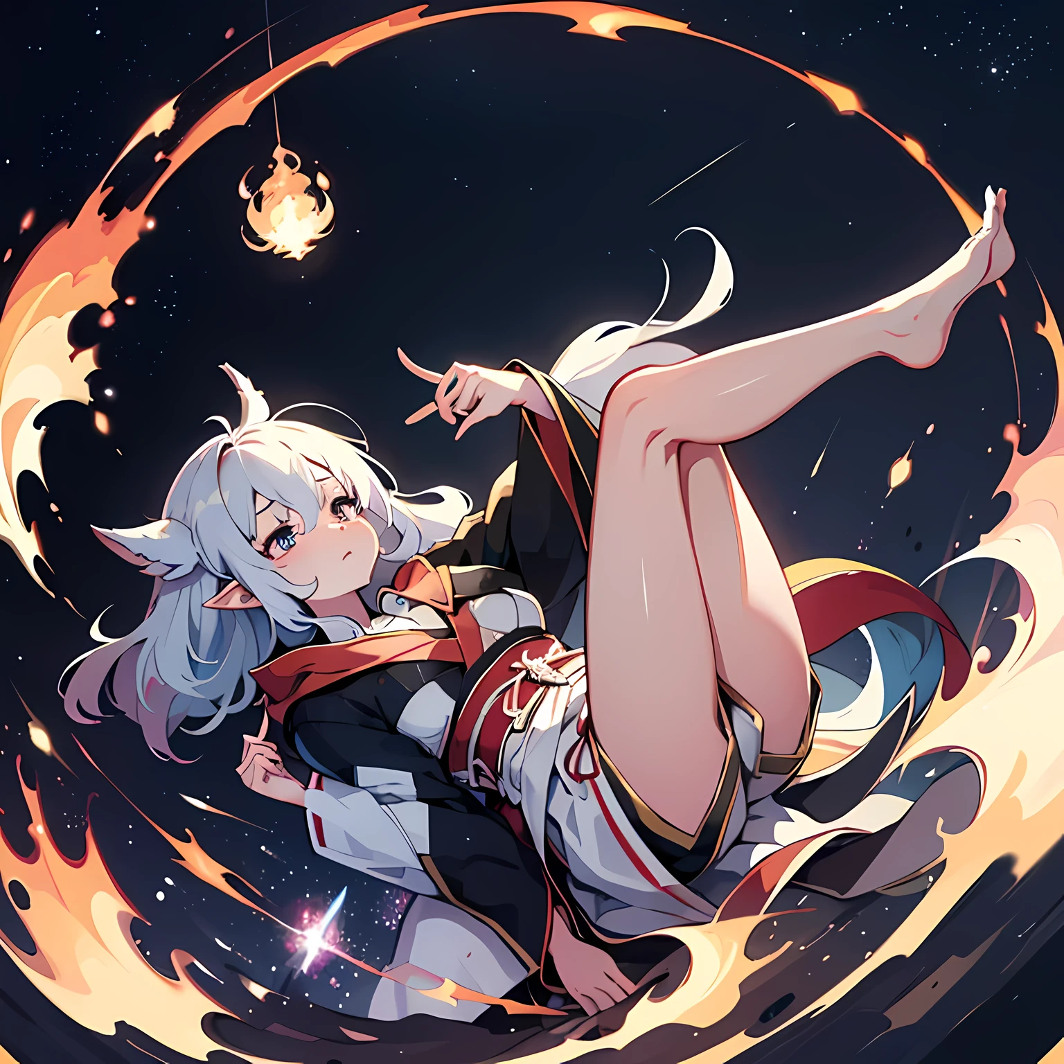 artist:Zero 1510, upside down, Point to the viewer, Talk in your dreams, dragon girl, Legs wrapped in bandages, hanfu, hair past shoulders, pointed ears, curls, medium breasts, Moles under the mouth, colorful eyes, exhausted, fantasy, facing the camera, short legs, nebula, Face focus, movie angle, High altitude, Side note, Astonishing, movement line,  fall