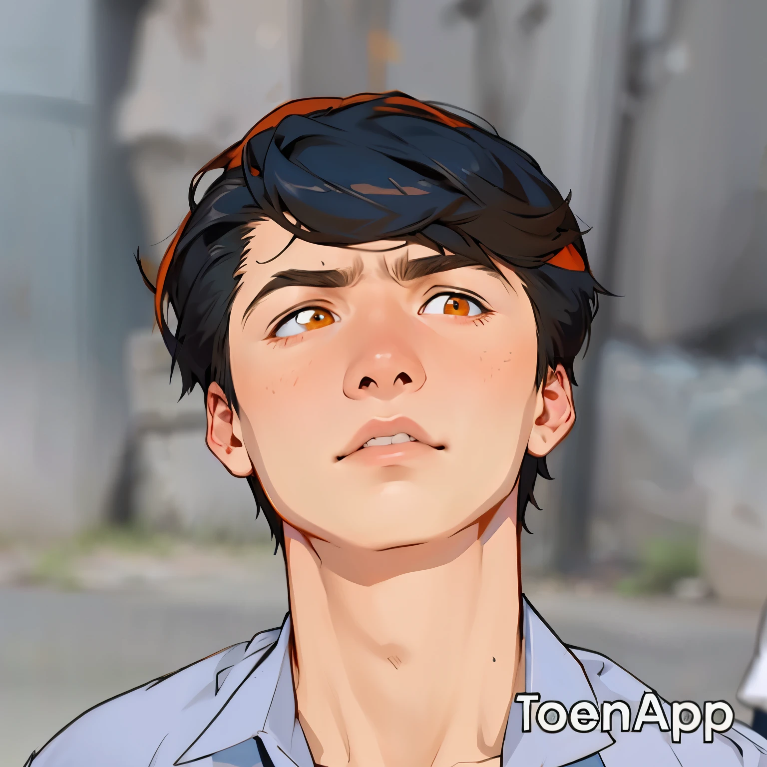 boy in blue clothes is talking a little upset orange hair orange eyes