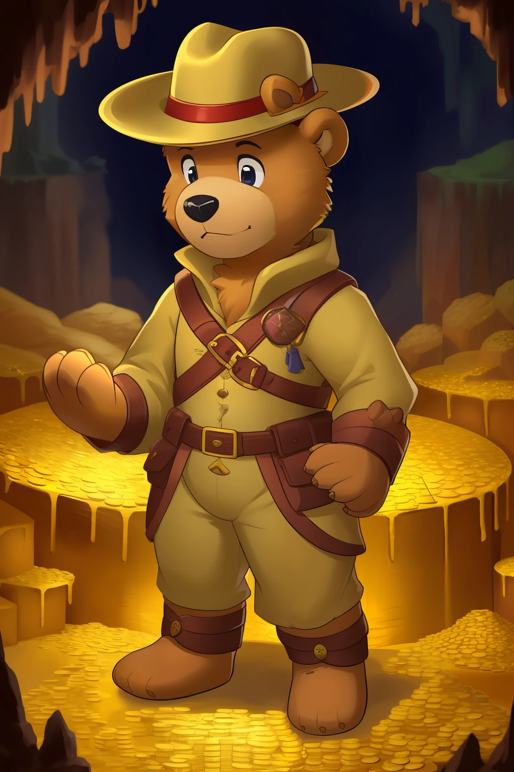 A teddy bear dressed as an adventurer, standing before a pile of gold --s2
A cuddly teddy bear donning an explorer's outfit, proudly poses in front of a mound of gold coins. --s2
Or,
An adventurous teddy bear, clad in a knapsack and wide-brimmed hat, contemplates the riches spread out before him in a heap of golden treasure. --s2
Bear in mind, the focus is on the teddy bear's adventurous attire and its reaction to the treasure. --s2