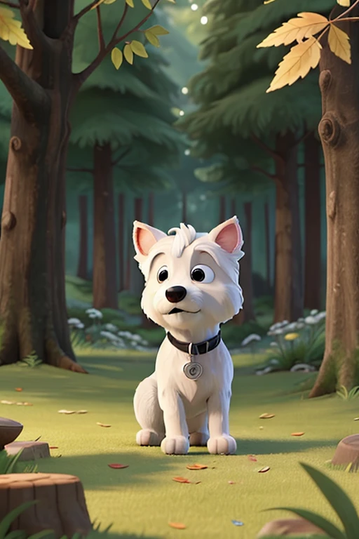 Westie Exploring a Woodland:  Draw a curious Westie exploring a woodland with tall trees and colorful leaves. Include butterflies and birds to make the scene lively and full of life. Use shades of green and brown to give a feeling of nature and adventure. Pixar style. Make it black and white and simple to little kids color.
