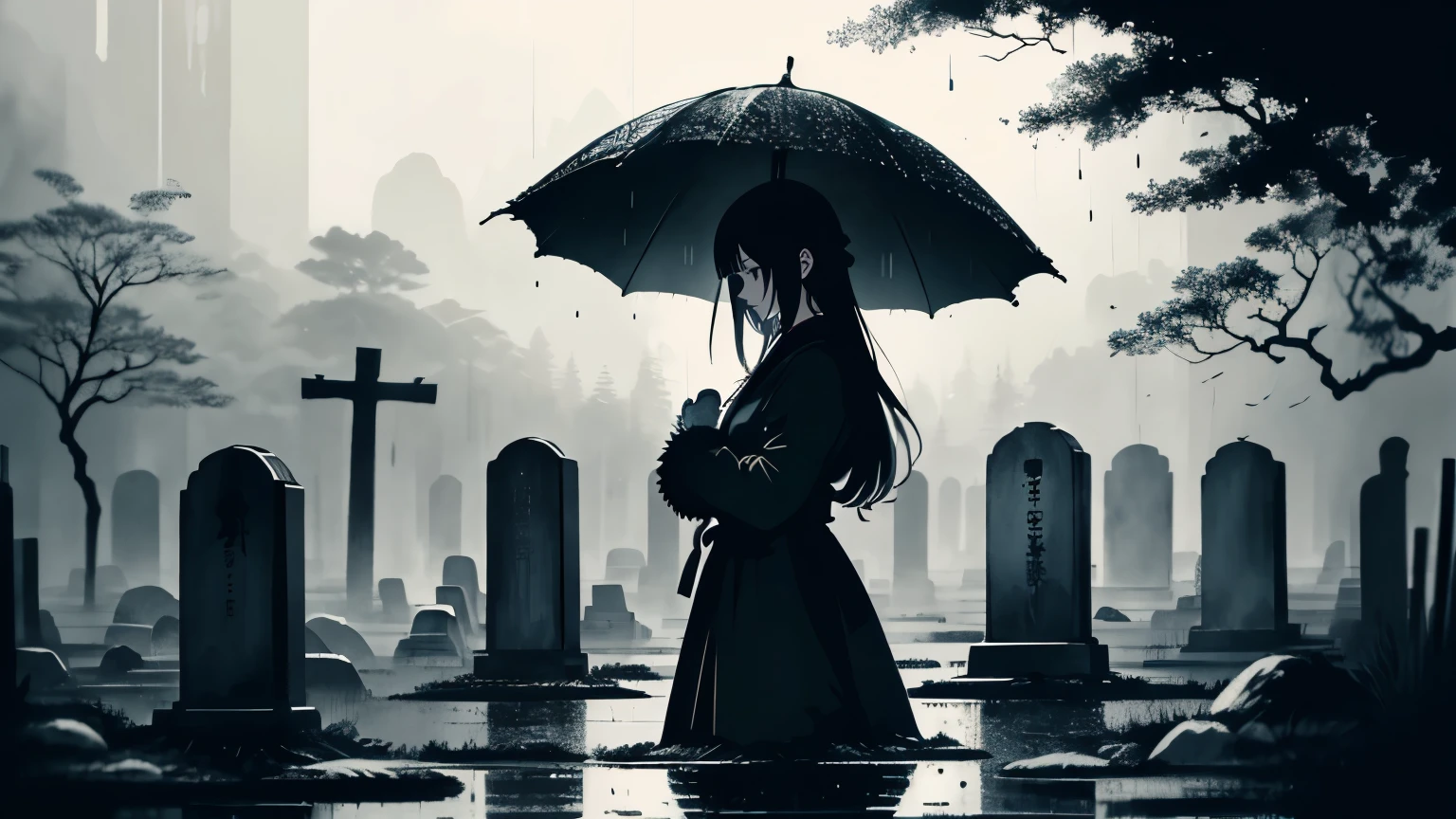 anime illustration of a hand, woman's hand, sad, rain, graveyard scenery, grave, veil, ink smudges, rain, inky, abstract, Chinese aesthetic, Absurd, high resolution, ultra-detailed, (1 girl:1.3),