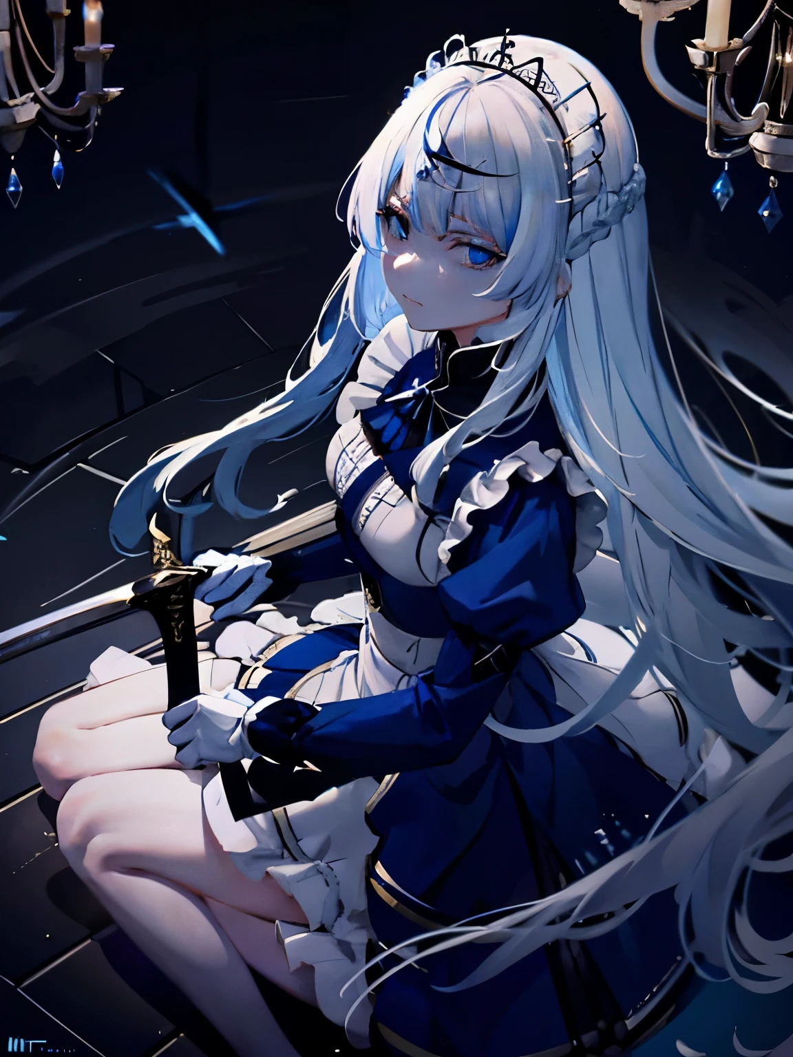 long maid uniform　very long hair with gray hair　blue eyes　has a sword　combat personnel　cool woman　Inside the Western-style building　Theme colors are blue, white and black　chandelier　Composition seen from above