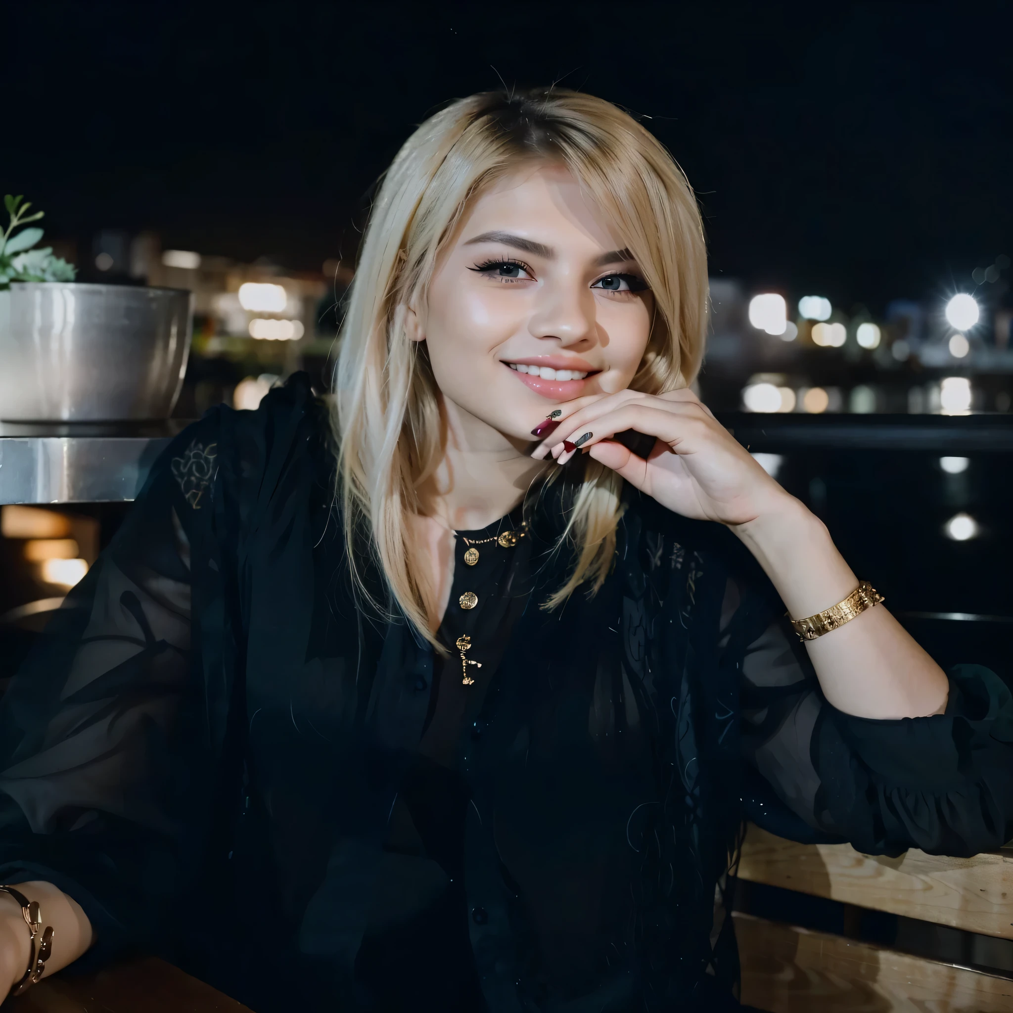 Generate an image of a stunning 22-year-old Iranian girl with long, icy blonde hair, wearing a white shirt, at a charming restaurant in Turkey during sunset. Emphasize her very beautiful face with medium makeup, light brown eyes, and an attractive and made-up smile. Ensure she has a sexy and alluring expression, showcasing her white skin and featuring colorless nail polish. The image should highlight her full-face makeup, with a focus on her attractive lips. The overall atmosphere should exude beauty and sophistication."