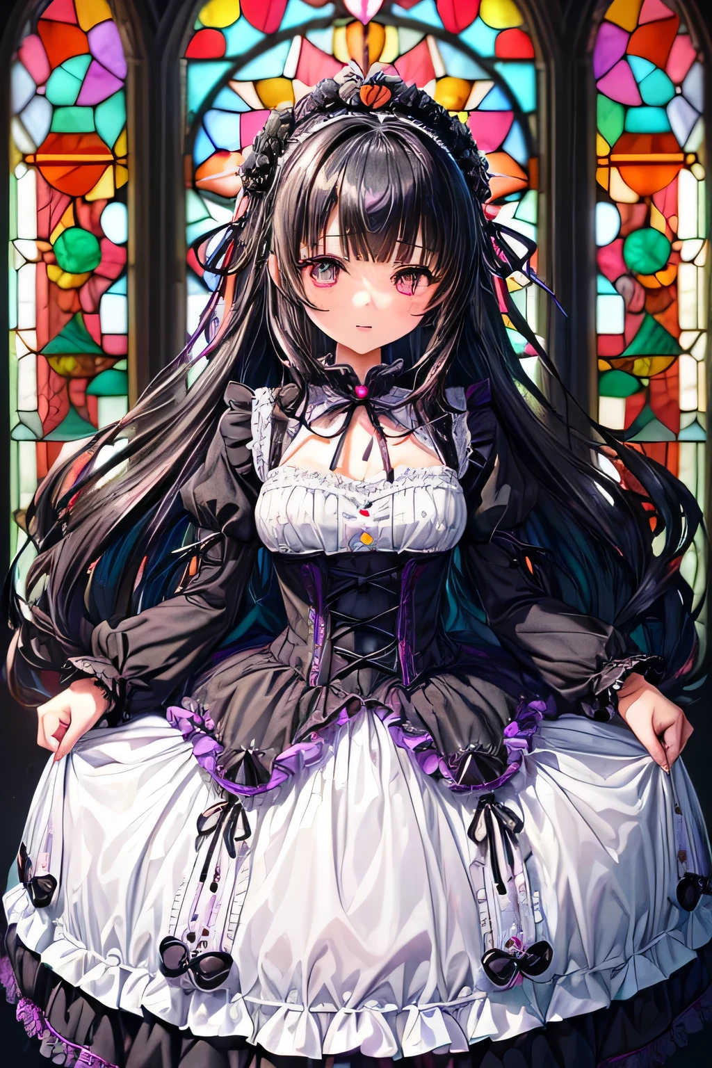 ((worst quality, low quality)), ((Bear-eared chemomimi girl:1.5)), (Gothic Lolita), ((Black-haired berry berry short:1.4)), (((Beautiful clear purple eyes:1.2))), plump and glossy lips, spoken word heart, A posture of leaning forward, perfect hands, (Mr.々decorated with brightly colored gerberas white＆black Gothic Lolita:1.5), (voluminous frills:1.3), (basque waist:1.3), (crinoline、long multilayer volume ruffle skirt、Mr.々decorated with brightly colored gerberas:1.5), (intricate gerbera lace embroidery:1.6), (Mr.々decorated with brightly colored gerberasGothic Lolita:2.0), (In white pink high heels、Mr.々Decorated with fresh gerbera flowers of different colors:1.2), (((Stained glass window background:1.3))), ((shining sunlight)), (light particles, shine of light, light:1.4), muste piece,best quality,Super detailed,