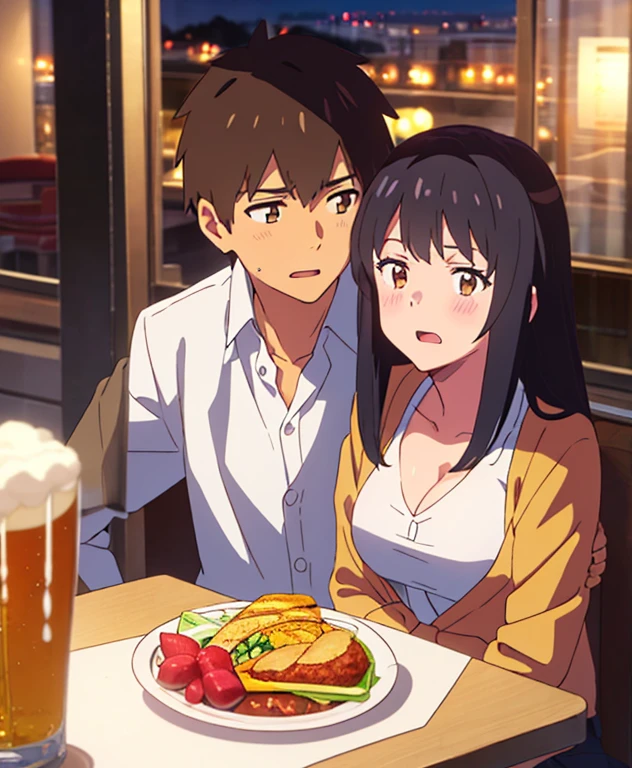 shinkai makoto, kimi no na wa., 1boy, buzzcut, office attire, boy's arms placed over girl's shoulder, drunk, boy sit beside girl, boy caressing girl's body, 1girl, bangs, black hair, brown eyes, open mouth, blush, twisted half up, red ribbon, long hair, long sleeve light yellow cardigan, open shirt, white shirt, cleavage, breast, medium breast, blue pants, drinking party,nomikai, table, food drinks, beer, indoors, night, masterpiece, perfect anatomy, cowboyshot,