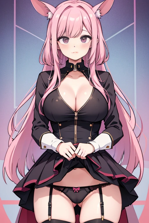 Female, 42 years old、mature woman、shortcut、pink hair color、big breasts、chest、Tight Skirt、garter belt、Black clothes、Skirtlift、Peeing、pointy breasts、large areolae、double peace、see through、panty shot、erect nipples