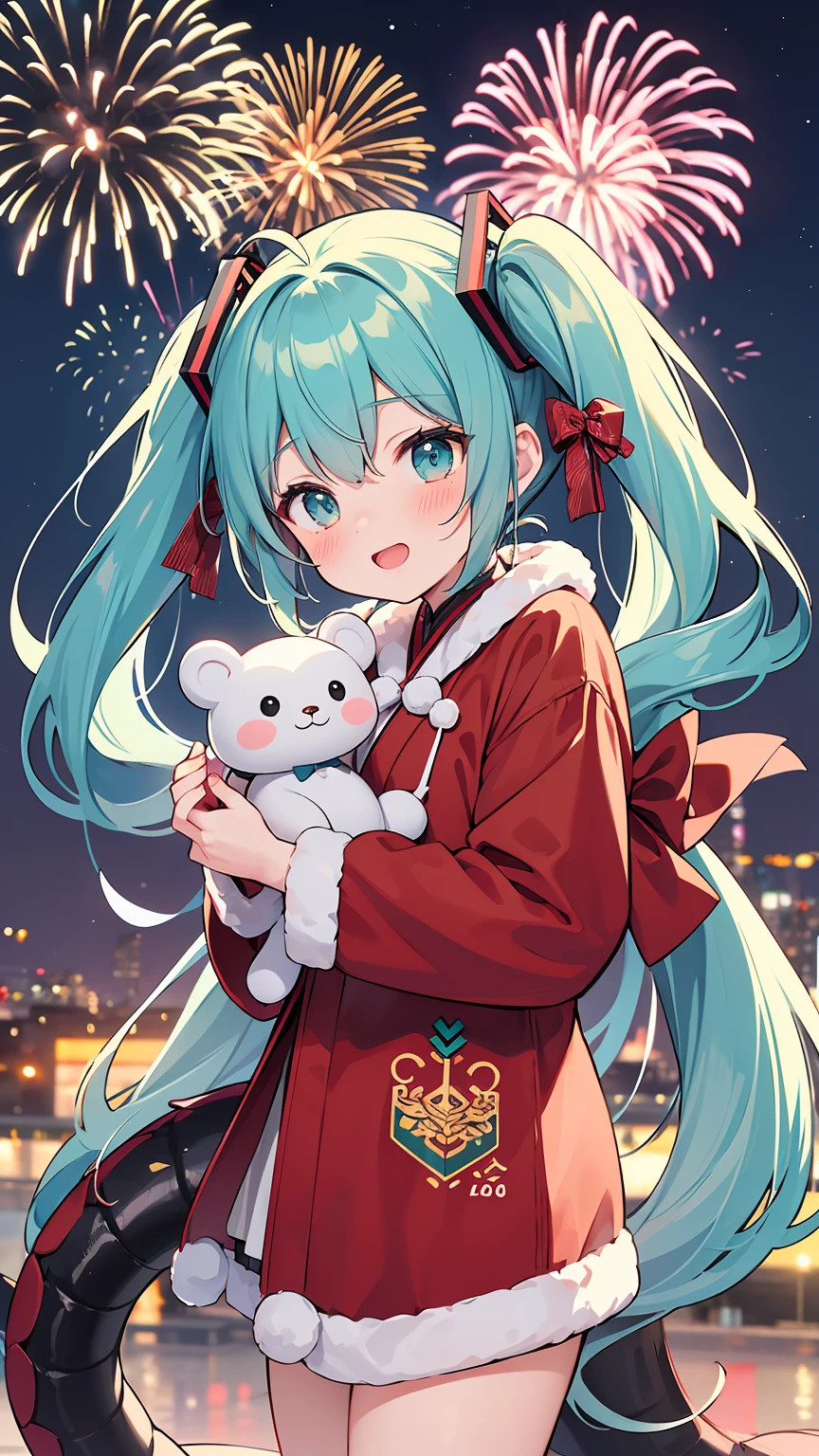 New Year of the Dragon，End of the year countdown, Fireworks activities, Hatsune Miku, 微lol, lol，Year of the Dragon mascot，A long festive dragon appears in the distant sky