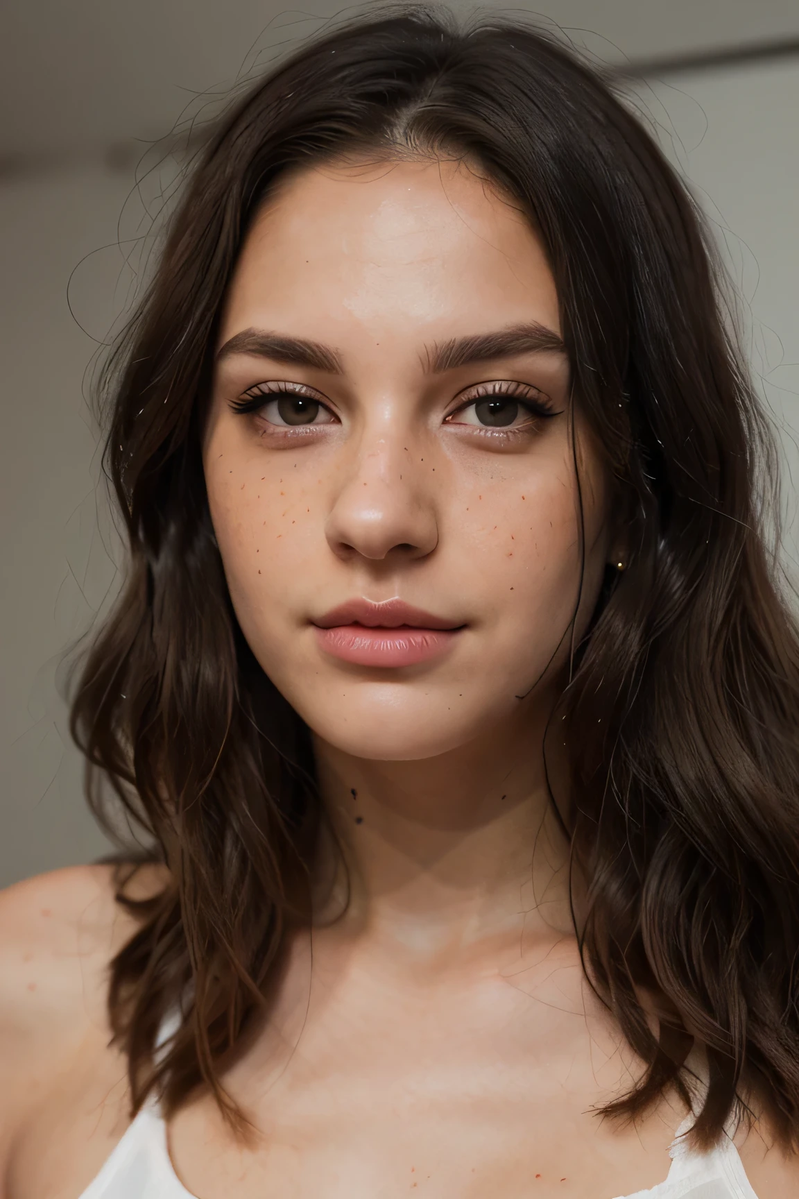 ((best quality)), ((Meisterwerk)), (Detailliert), Perfektes Gesicht,stunning realistic, photorealistic, photorealism, 1 beautiful girl,small nose,23 years old,Dark long hair,light curly hair,beautiful grey and hazel eyes, photorealistic woman with dark features, black eyes, dark hair, freckles, dimpled chin, thin lips