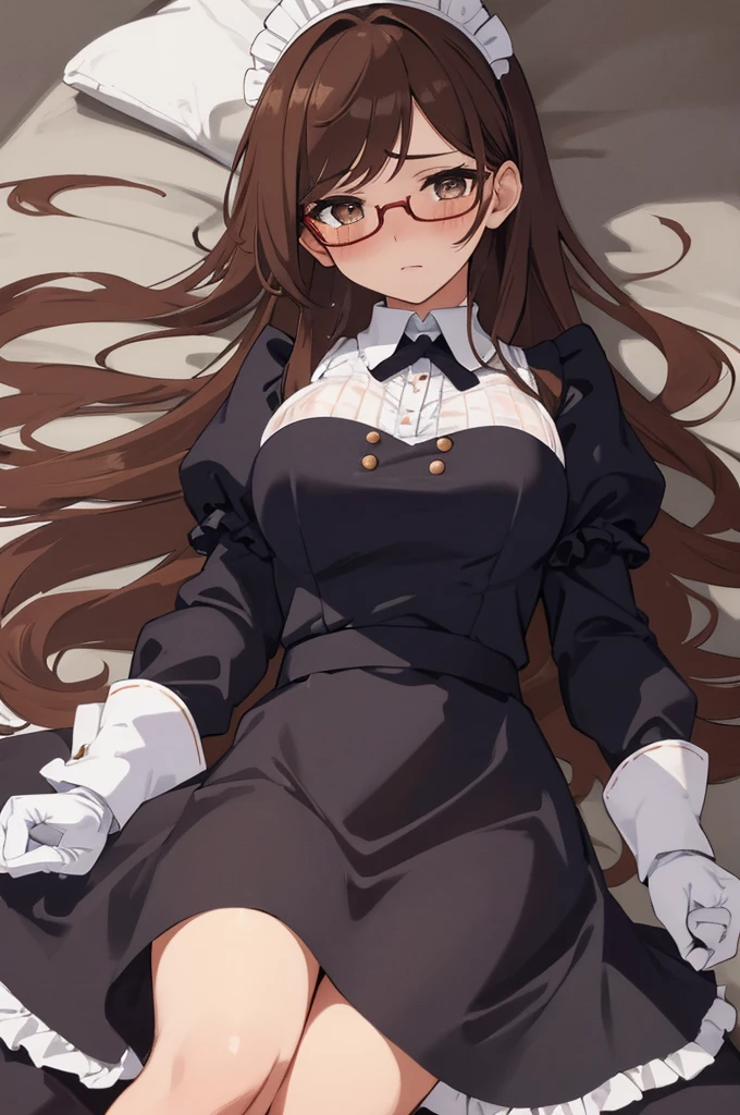 Masterpiece, Best Quality, extremly detailed, Cinematic lighting, intricate detials, hight resolution, official arts, finely detailed beautiful face and eyes, high-resolution illustration, 8K, dark intense shadows, 1girl, medium breast, long brown hair, copper hair tips, brown eyes, glasses, (swept bangs), maid uniform, dark blue dress, black shirt, puffy sleeves, long sleeves, (white waist apron), white gloves, maid headdress, lace-up white panties, broken look, broken, blushing, tears, cum, blood, cum and blood flowing out of pussy, bare breasts, pubic hair, show pussy, lying on the floor