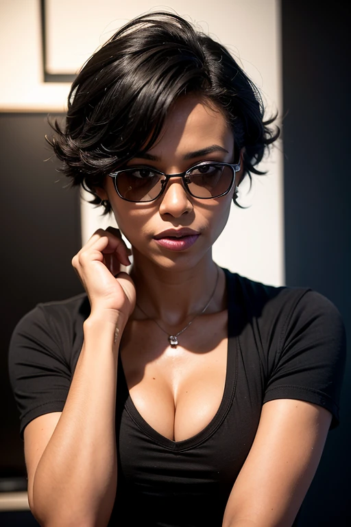 Professional photo from the waist up, beautiful mulatto woman in a police uniform, short black hair, aviator glasses, black short sleeve T-shirt, ((cleavage)), black background, eye contact, looking at the viewer, masterpiece, best quality, perfect detail, perfect detail faces, perfect eye detail, perfect skin detail, depth of field, perfect lighting
